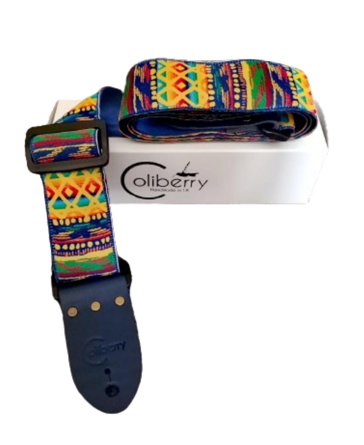 Handmade Guitar Strap - 'Fistral' with Royal Blue Seatbelt backing and Midnight Blue colour Real Leather ends.