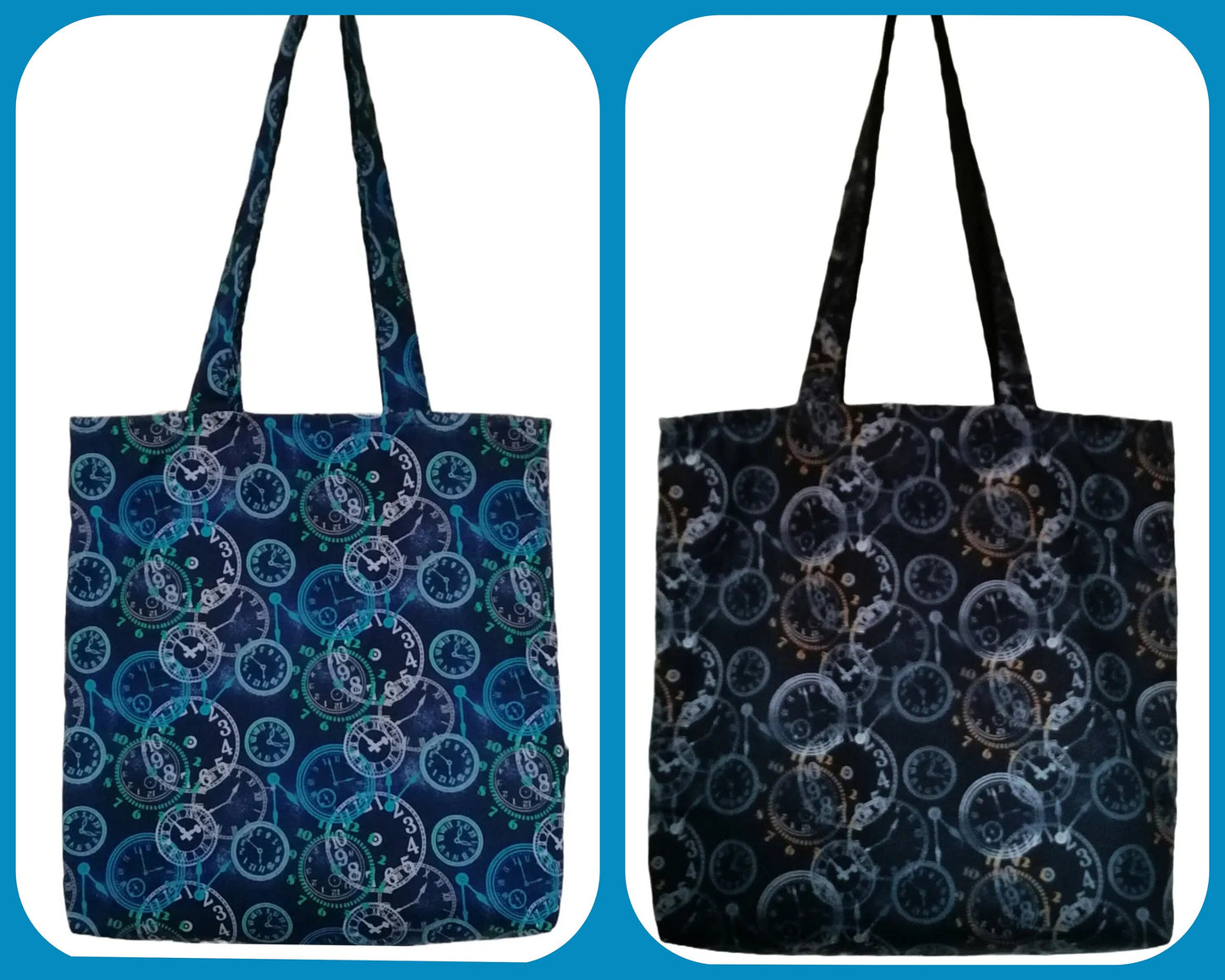 Handmade Tote Bag 'Time is Mine' available in 2 colours: Blue with Black and Brown with Black - with double pocket inside.