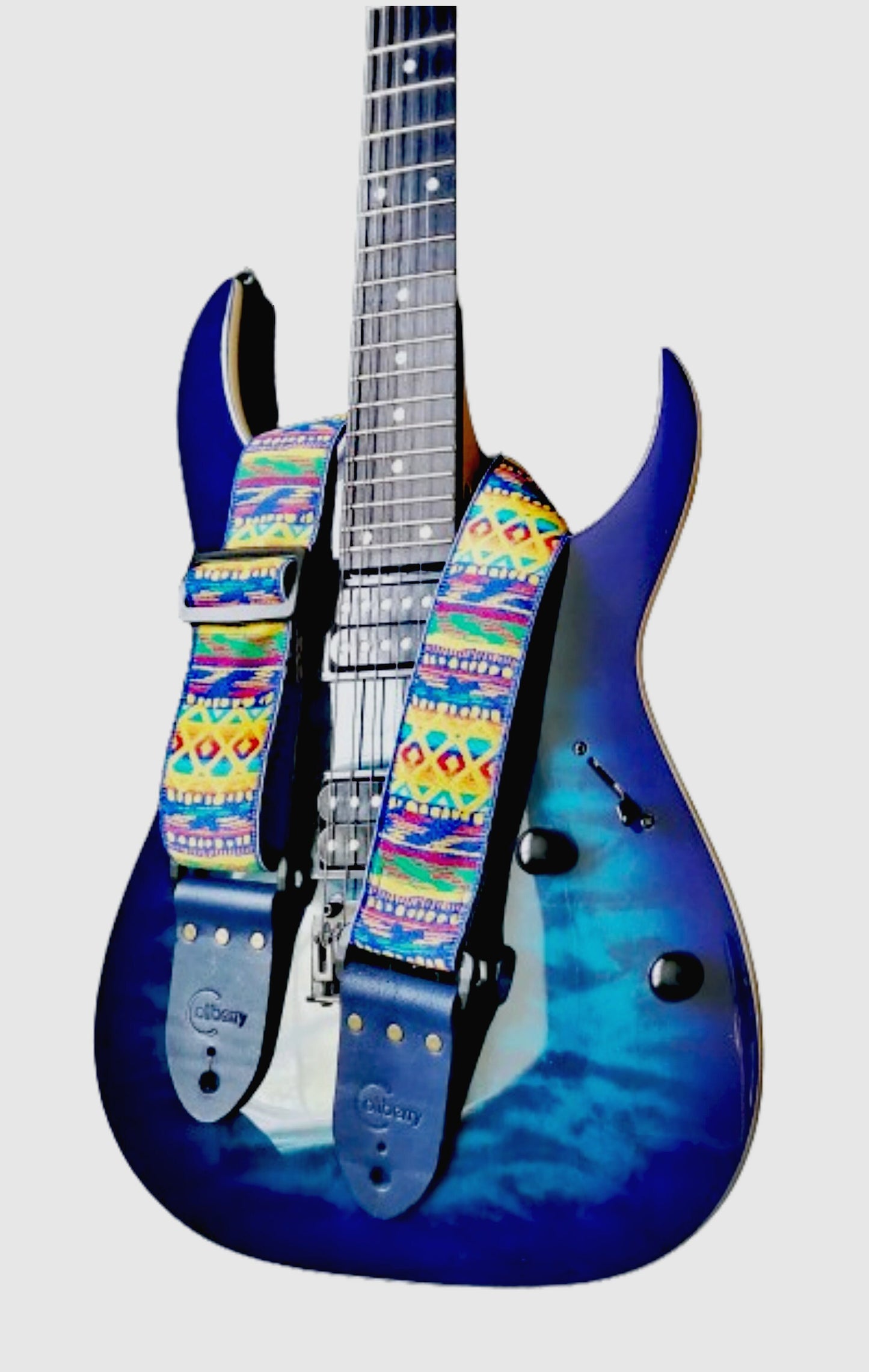 Handmade Guitar Strap - 'Fistral' with Royal Blue Seatbelt backing and Midnight Blue colour Real Leather ends.