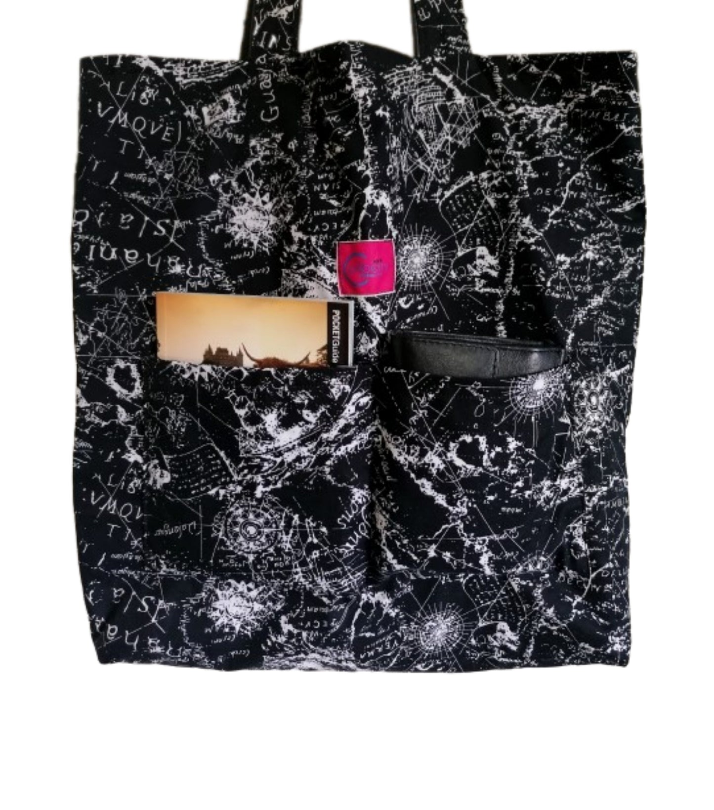 Handmade Reversible Tote Bag. Black Faux Leather and Black Cotton Poplin with Maps Pattern.