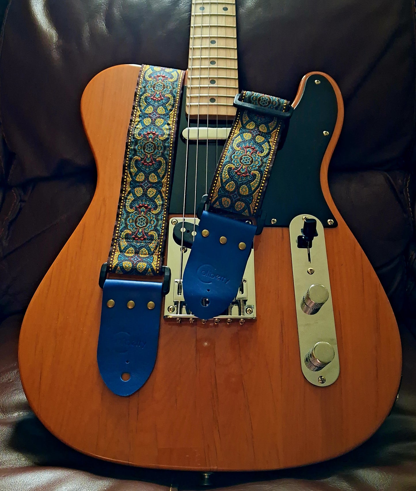 EXTRA LONG Handmade Guitar Strap. Baroque Blue. Adjustable.