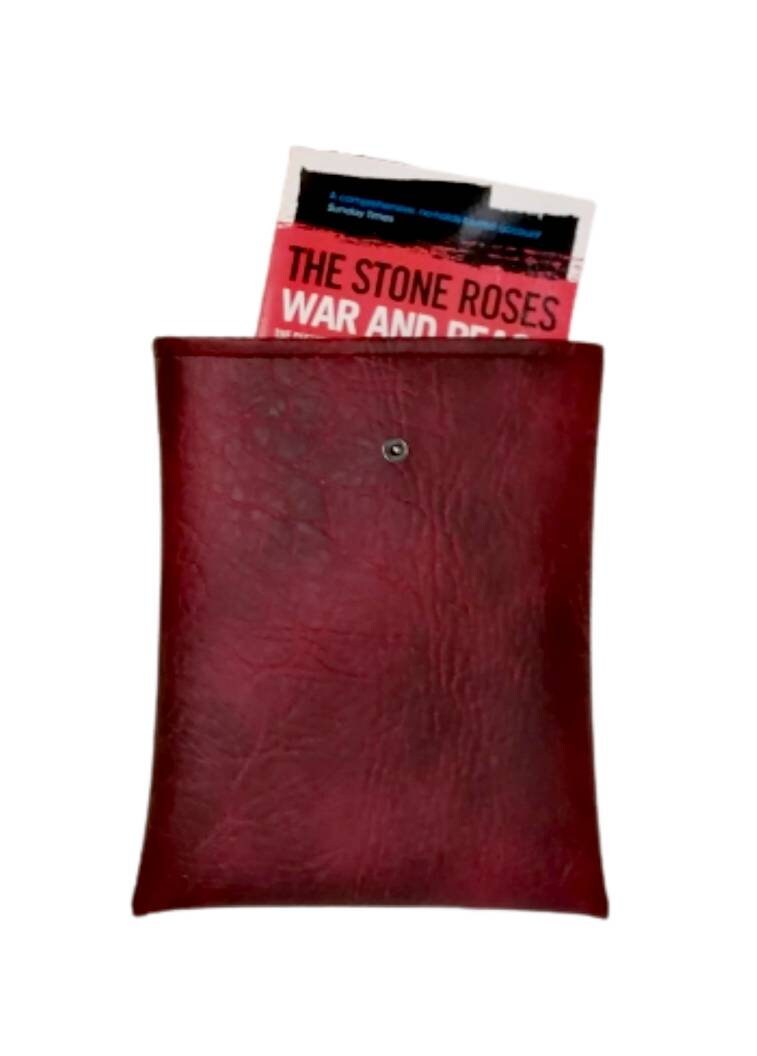 Handmade, Padded Faux Leather Book Sleeve/Tablet Cover with Cotton inner fabric and snap on strap to the top.