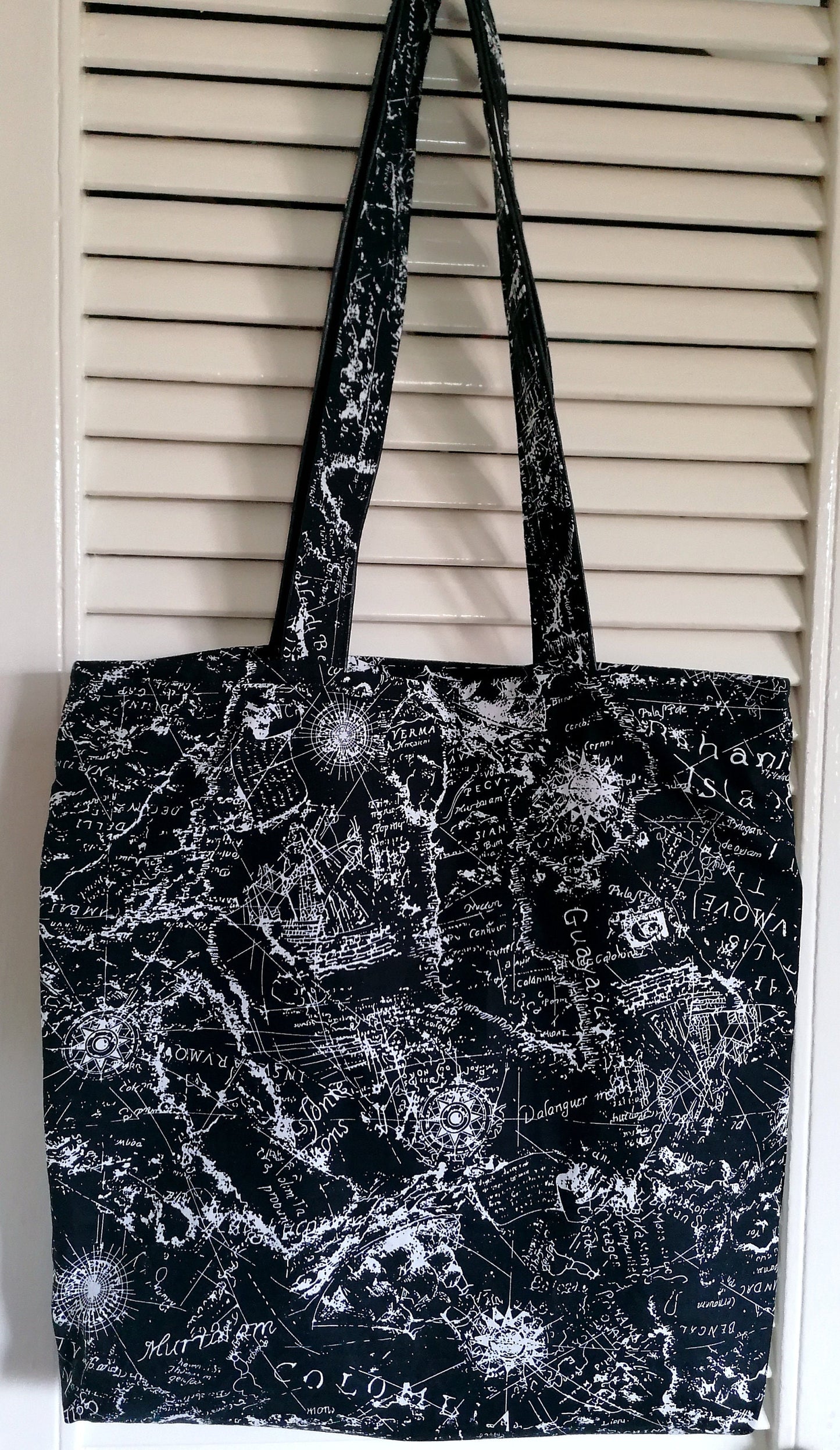 Handmade Reversible Tote Bag. Black Faux Leather and Black Cotton Poplin with Maps Pattern.