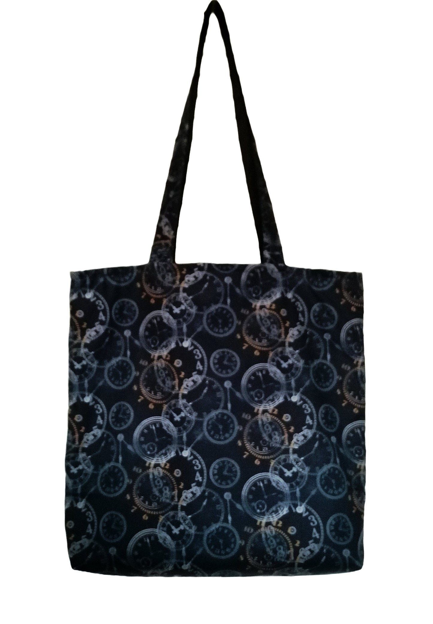 Handmade Tote Bag 'Time is Mine' available in 2 colours: Blue with Black and Brown with Black - with double pocket inside.