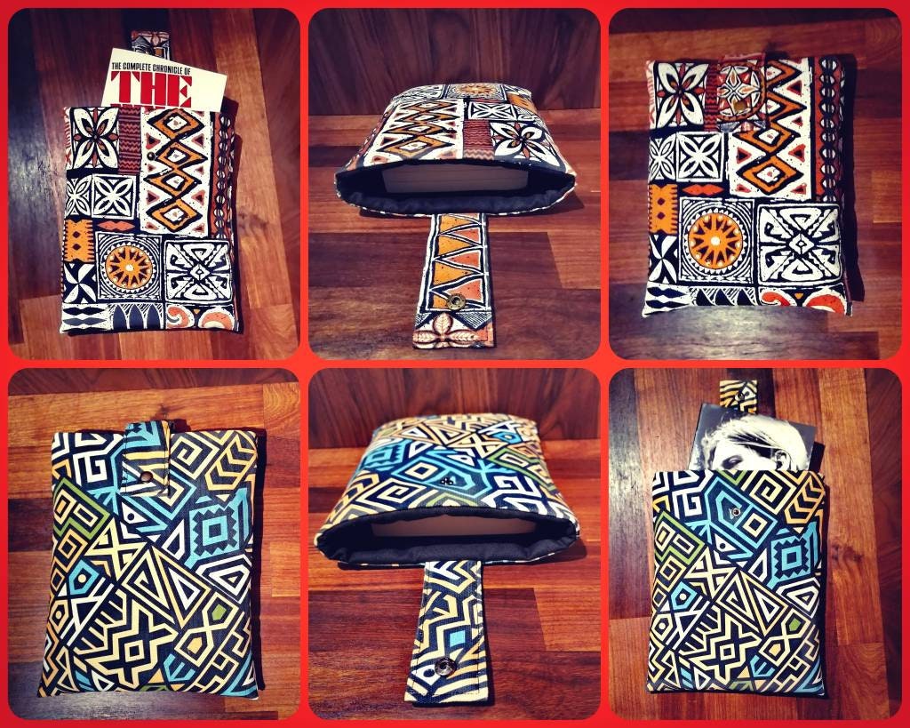 Handmade padded book sleeve/Tablet Covers, available in 2 funky patterns with snap on strap to the top.