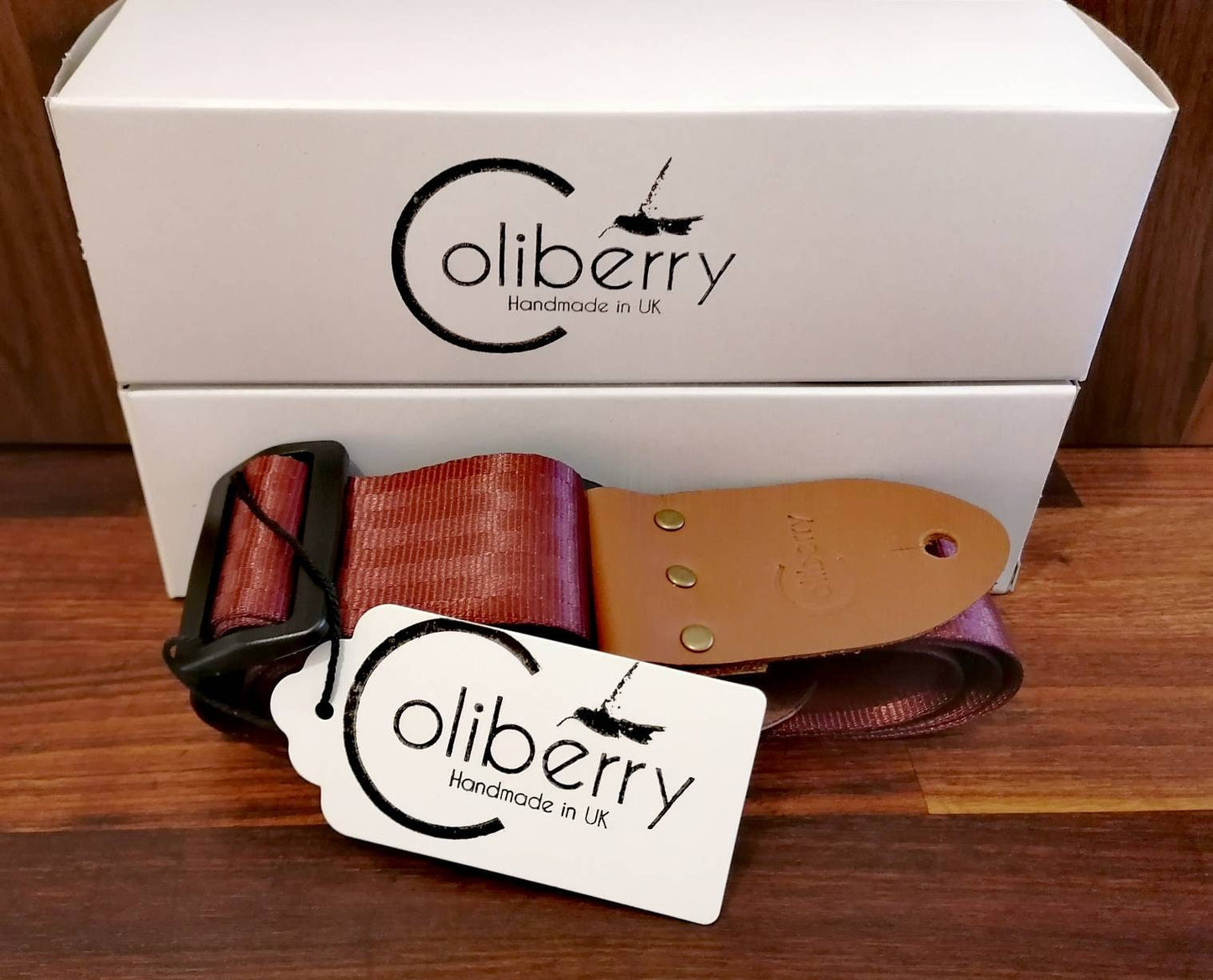 Maroon Handmade Seatbelt Only Guitar Strap with Montana Hazelnut real leather ends.