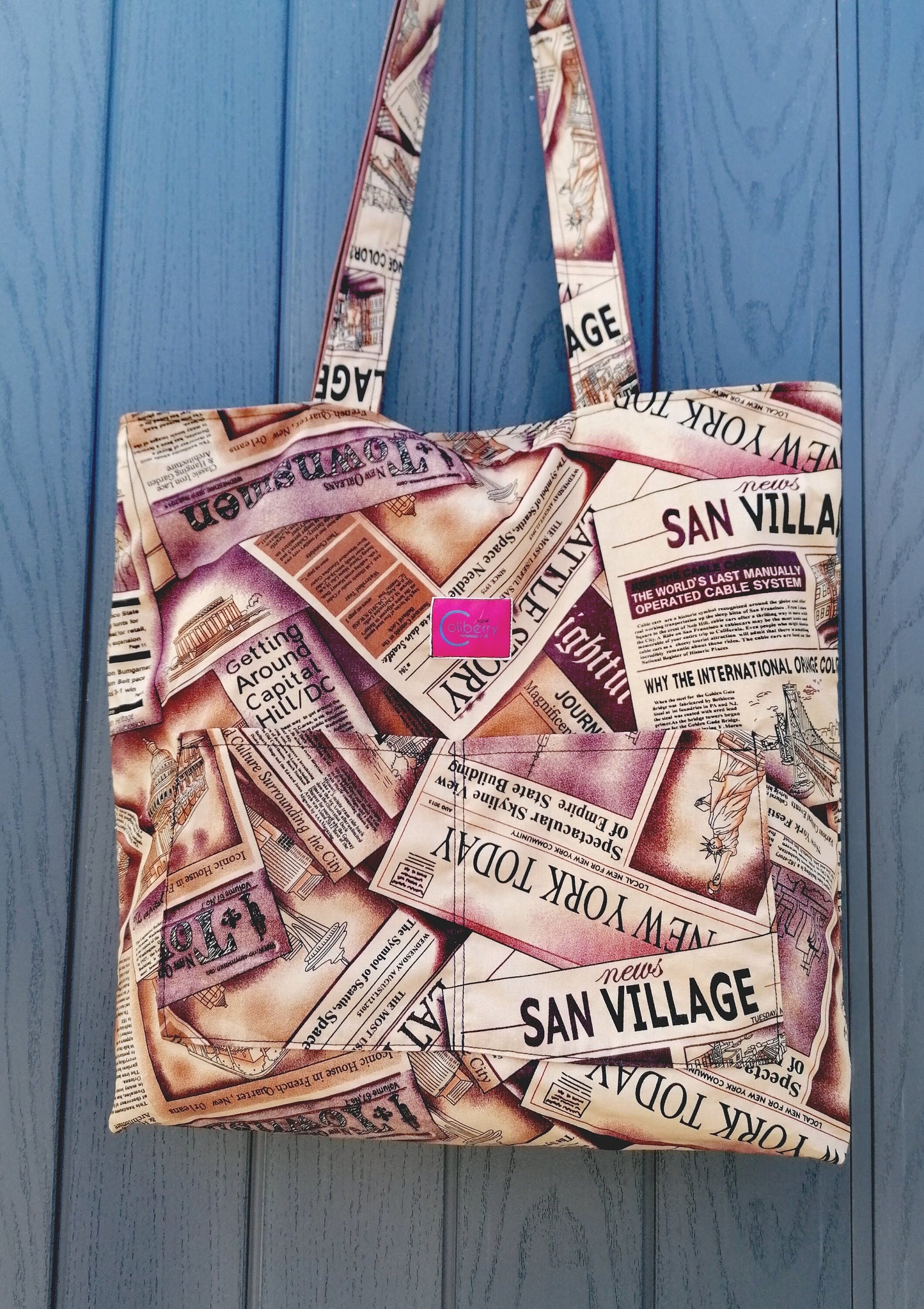 Handmade Reversible Tote Bags. Available in 2 colour options. Faux Leather (Brown or Green) and Cotton poplin with Newspaper pattern.