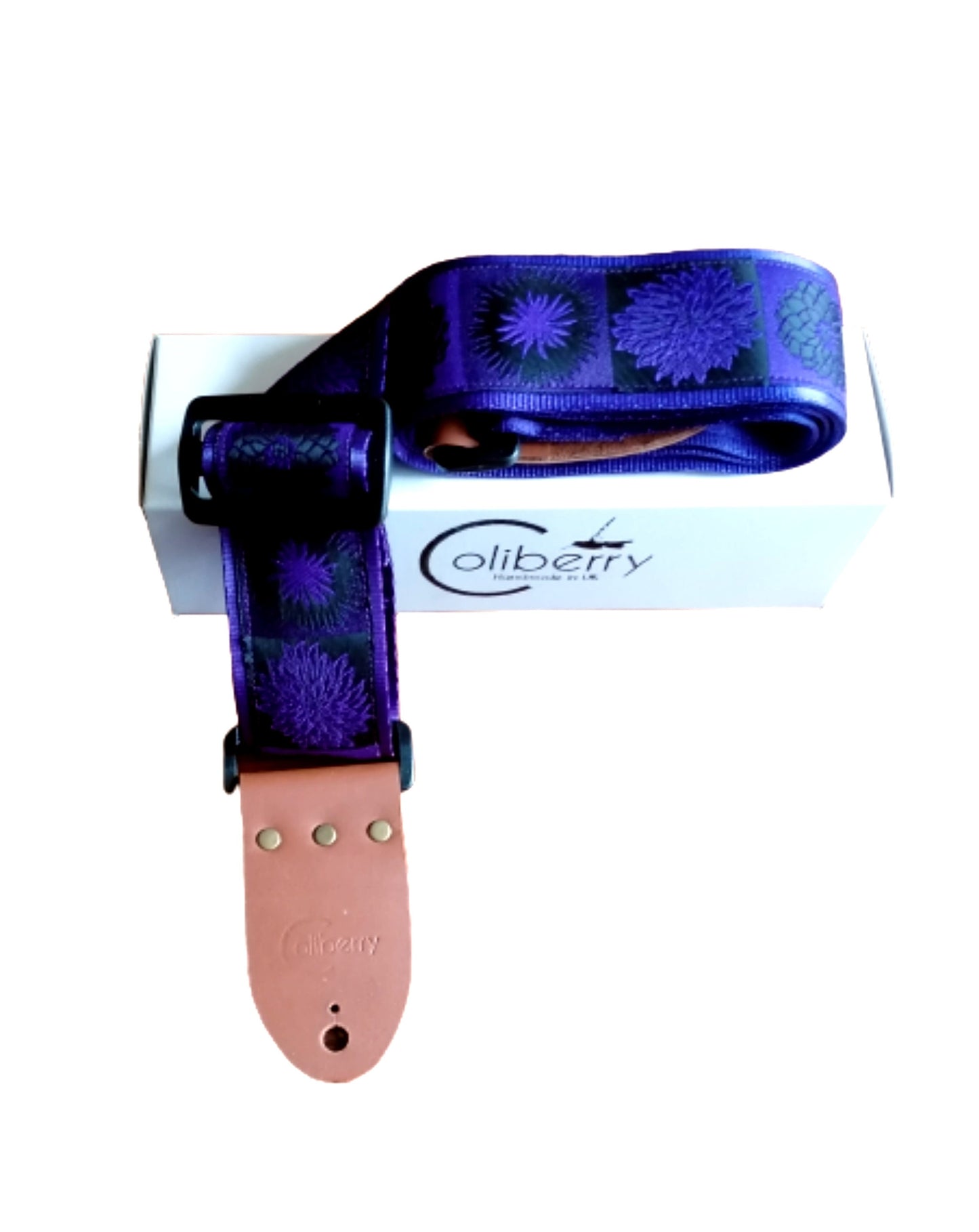 Handmade guitar strap. Flower Power available in 3 colours (Purple, Green, Red) with Seatbelt backing and Montana Hazelnut Real Leather ends