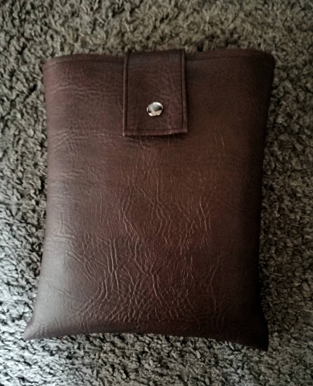 Handmade, Padded Faux Leather Book Sleeve / Tablet Cover with Cotton inner fabric and snap on strap to the top - Brown (Light or Dark).