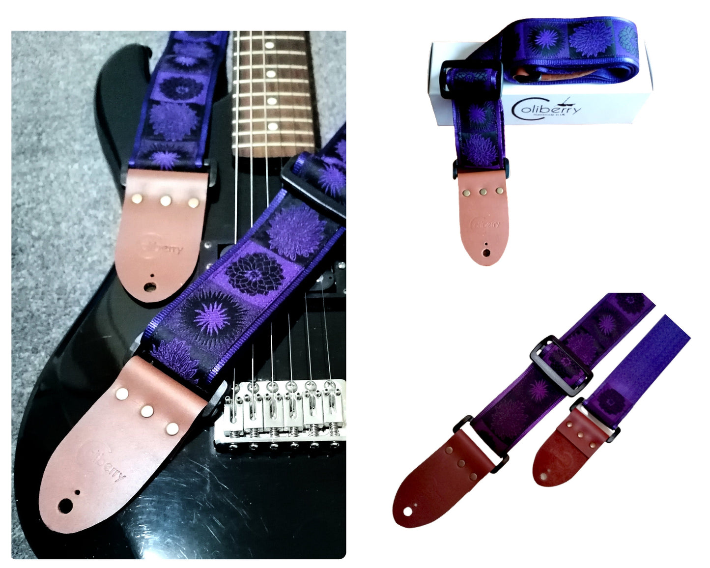 Handmade guitar strap. Flower Power available in 3 colours (Purple, Green, Red) with Seatbelt backing and Montana Hazelnut Real Leather ends