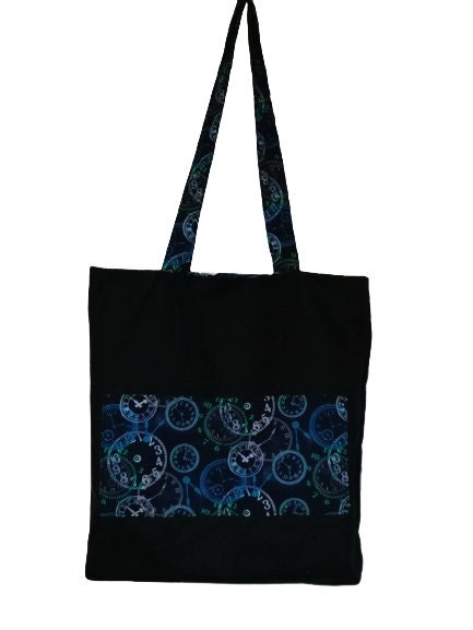 Handmade Tote Bag 'Time is Mine' available in 2 colours: Blue with Black and Brown with Black - with double pocket inside.