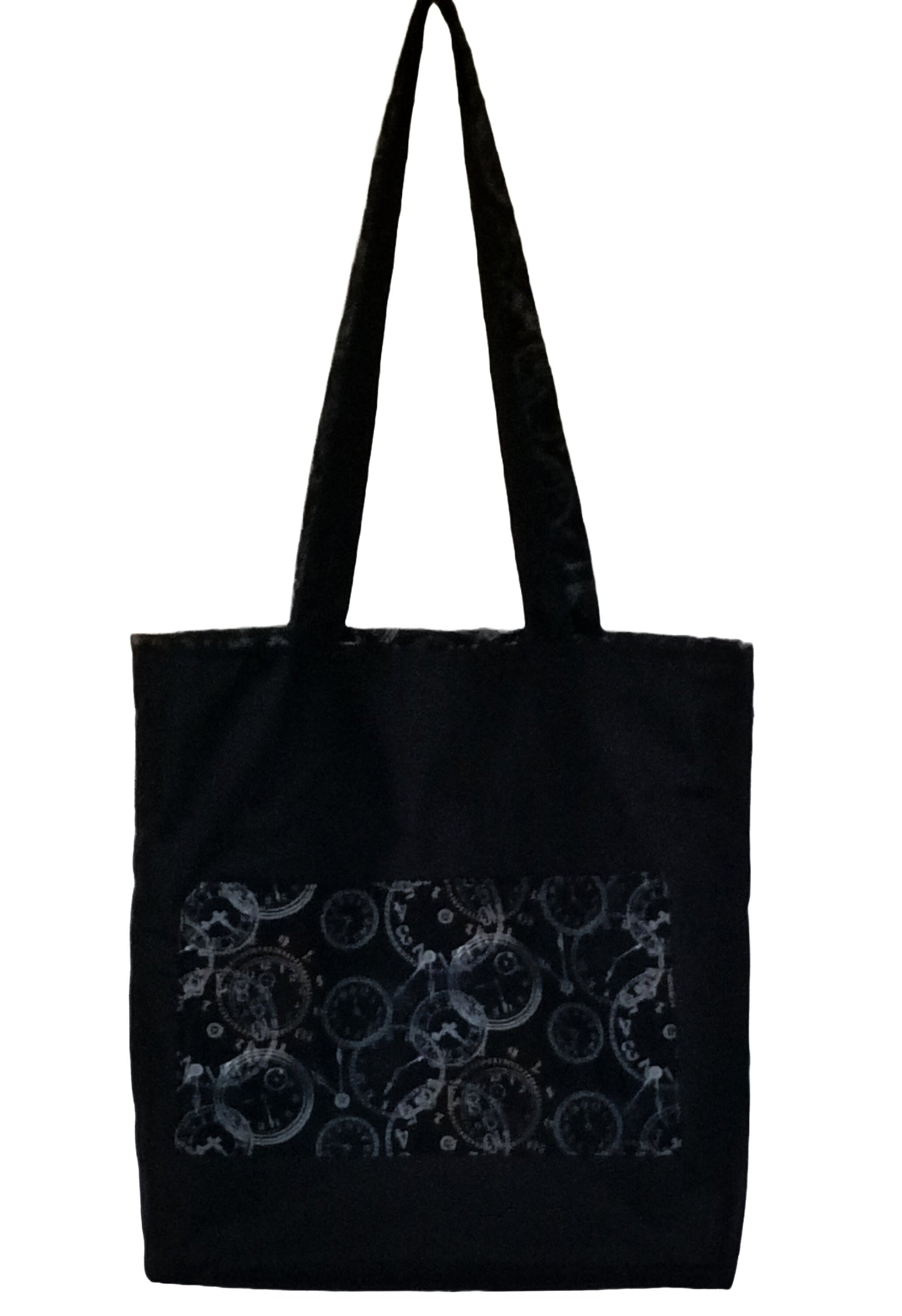Handmade Tote Bag 'Time is Mine' available in 2 colours: Blue with Black and Brown with Black - with double pocket inside.