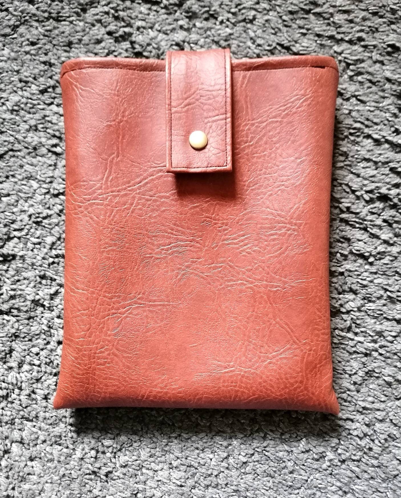 Handmade, Padded Faux Leather Book Sleeve / Tablet Cover with Cotton inner fabric and snap on strap to the top - Brown (Light or Dark).