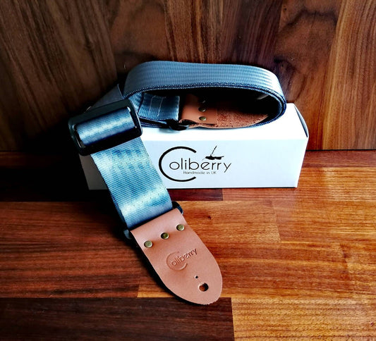 Grey Handmade Seatbelt Only Guitar Strap with Montana Hazelnut real leather ends.