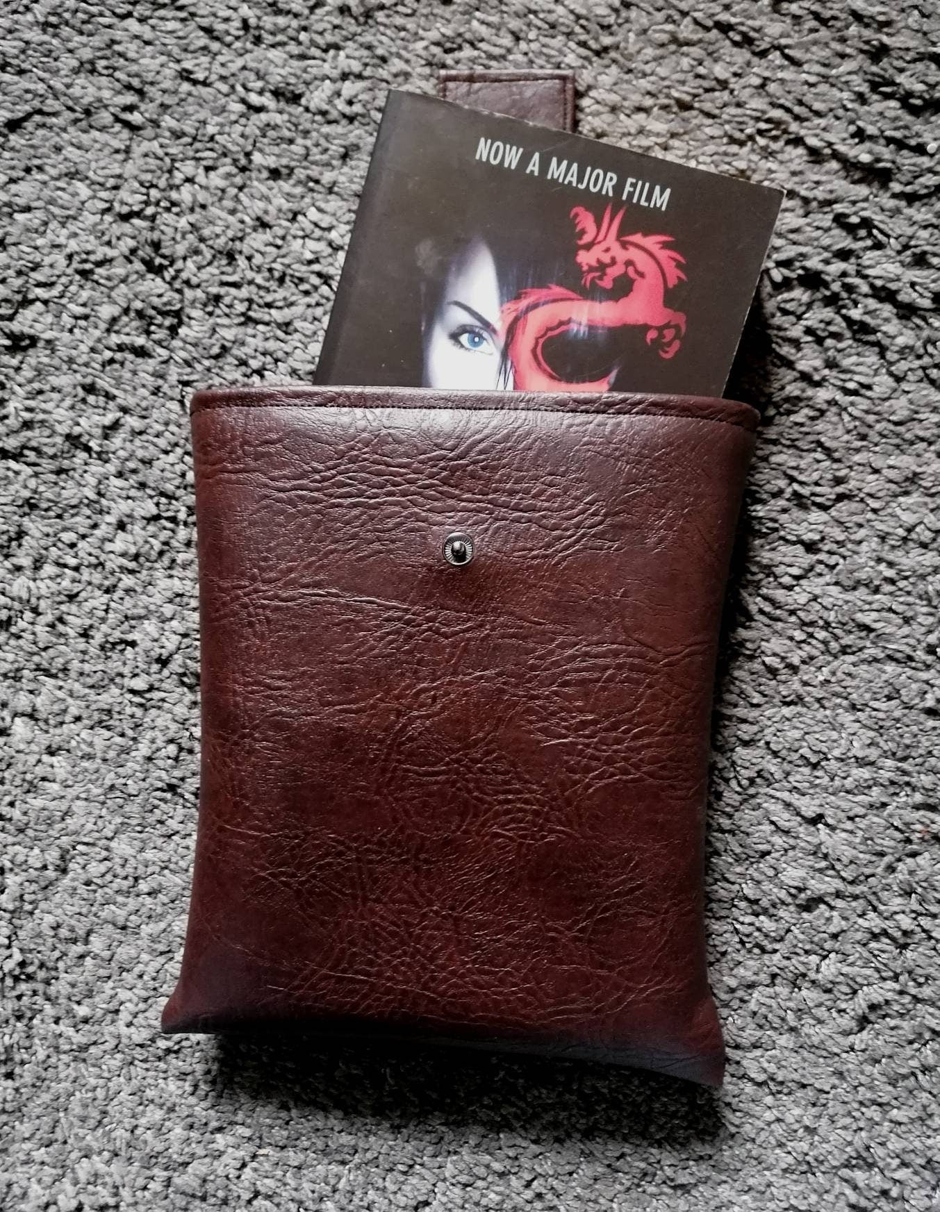 Handmade, Padded Faux Leather Book Sleeve / Tablet Cover with Cotton inner fabric and snap on strap to the top - Brown (Light or Dark).
