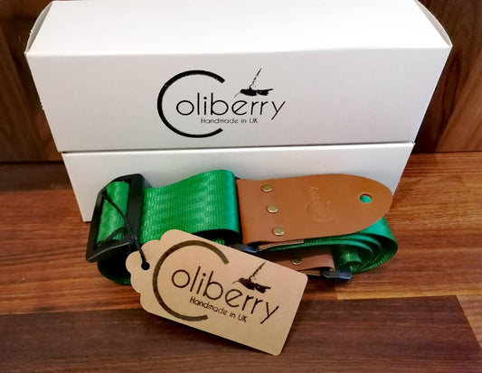 Green Handmade Seatbelt Only Guitar Strap with Montana Hazelnut real leather ends.