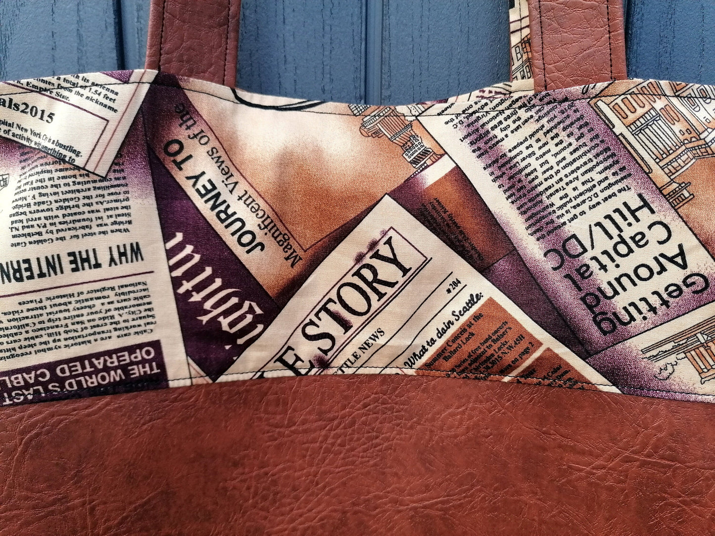 Handmade Reversible Tote Bags. Available in 2 colour options. Faux Leather (Brown or Green) and Cotton poplin with Newspaper pattern.