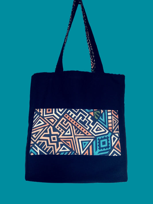 Funky Handmade Tote Bag - Aztec Blue/Orange with Black inner fabric and double pocket. 100% Cotton Canvas.