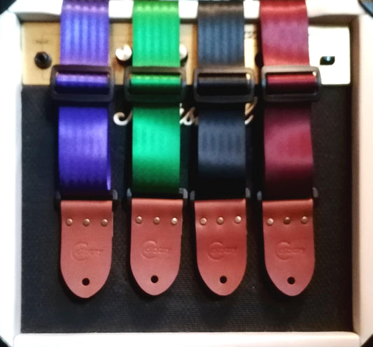 Green Handmade Seatbelt Only Guitar Strap with Montana Hazelnut real leather ends.