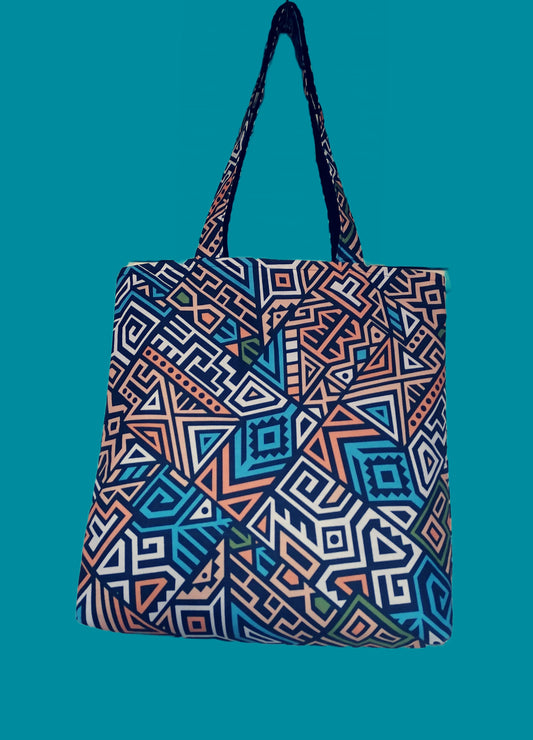 Funky Handmade Tote Bag - Aztec Blue/Orange with Black inner fabric and double pocket. 100% Cotton Canvas.