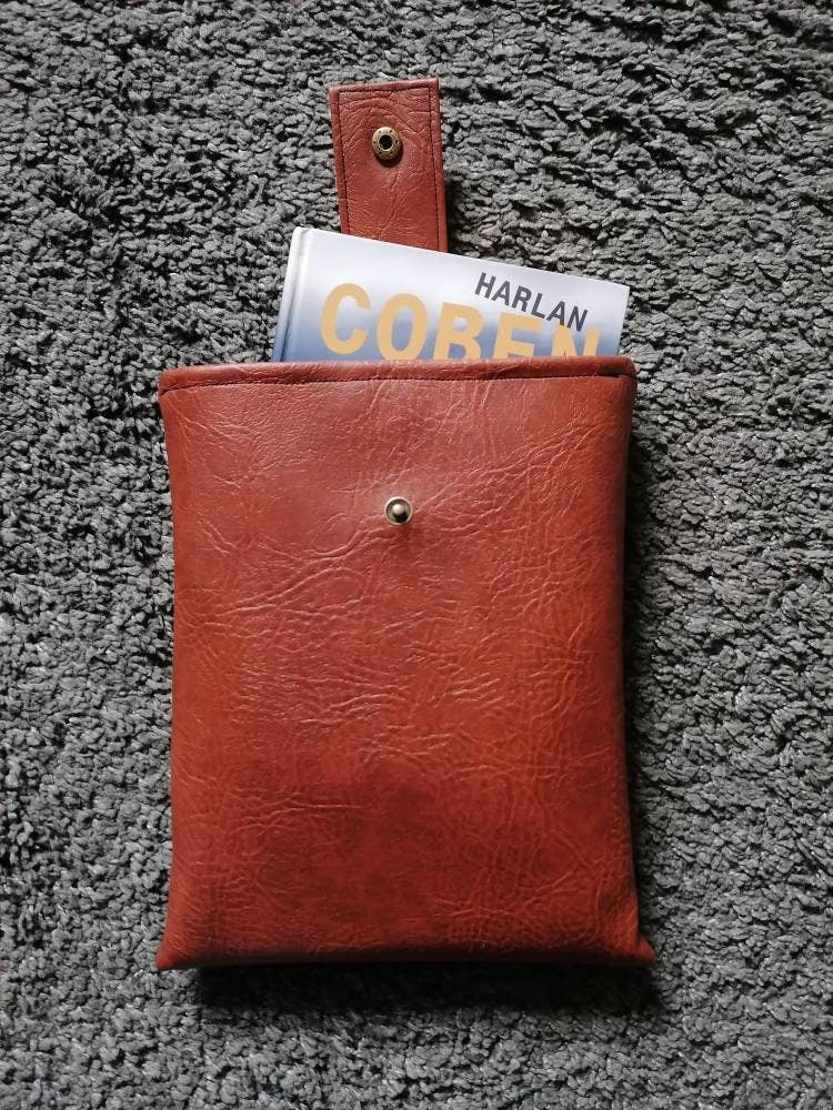 Handmade, Padded Faux Leather Book Sleeve / Tablet Cover with Cotton inner fabric and snap on strap to the top - Brown (Light or Dark).
