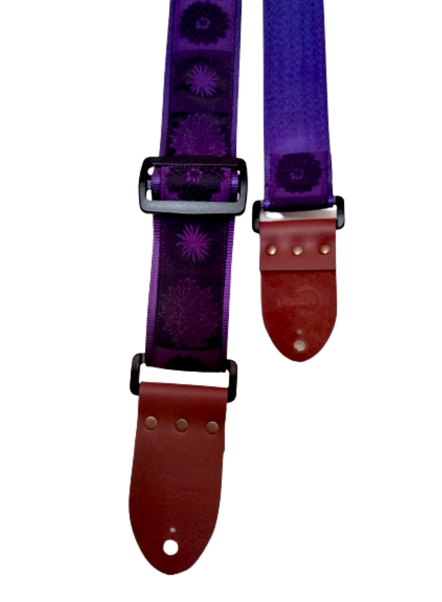 Handmade guitar strap. Flower Power available in 3 colours (Purple, Green, Red) with Seatbelt backing and Montana Hazelnut Real Leather ends
