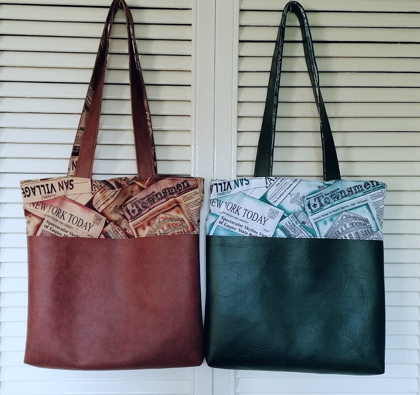 Handmade Reversible Tote Bags. Available in 2 colour options. Faux Leather (Brown or Green) and Cotton poplin with Newspaper pattern.