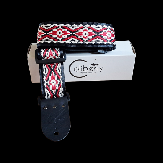 Handmade 'Inca' red guitar strap. Adjustable.