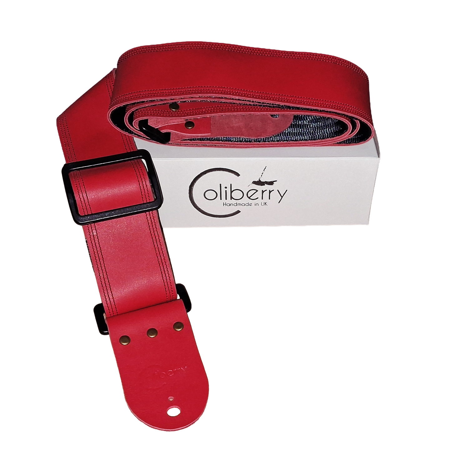 Red Full Leather Guitar Strap with black seatbelt backing.