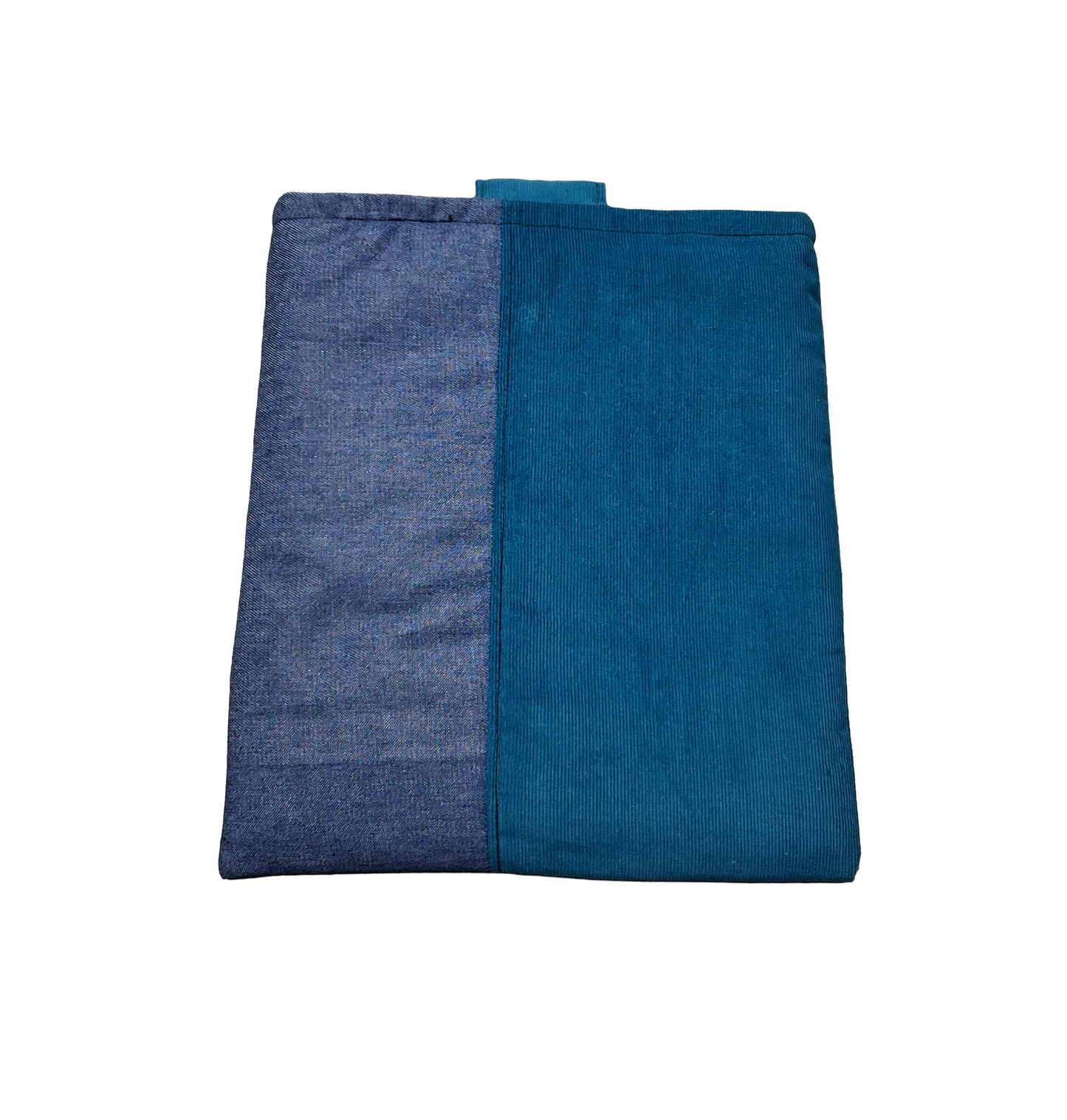 Handmade Padded Book Sleeve/Tablet Cover. Teal Corduroy and denim with snap on closure.