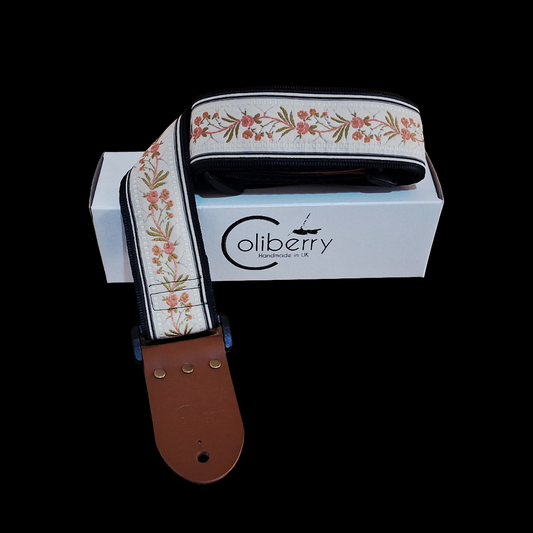 'Japanese Garden' in Cream. Handmade Guitar strap. Adjustable.