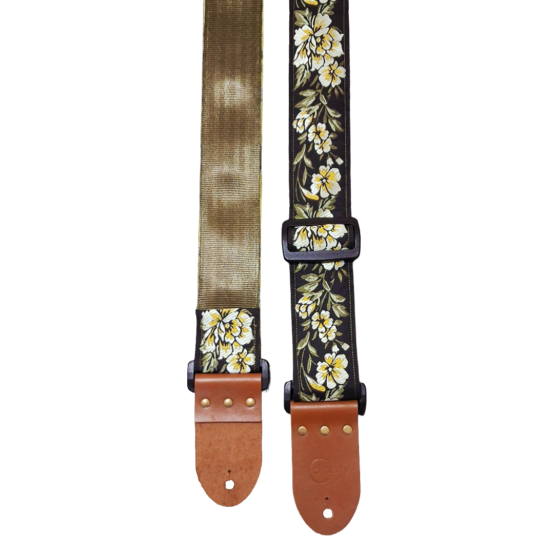 'Yellow Peony' Handmade Guitar Strap with Real Leather ends. Adjustable.