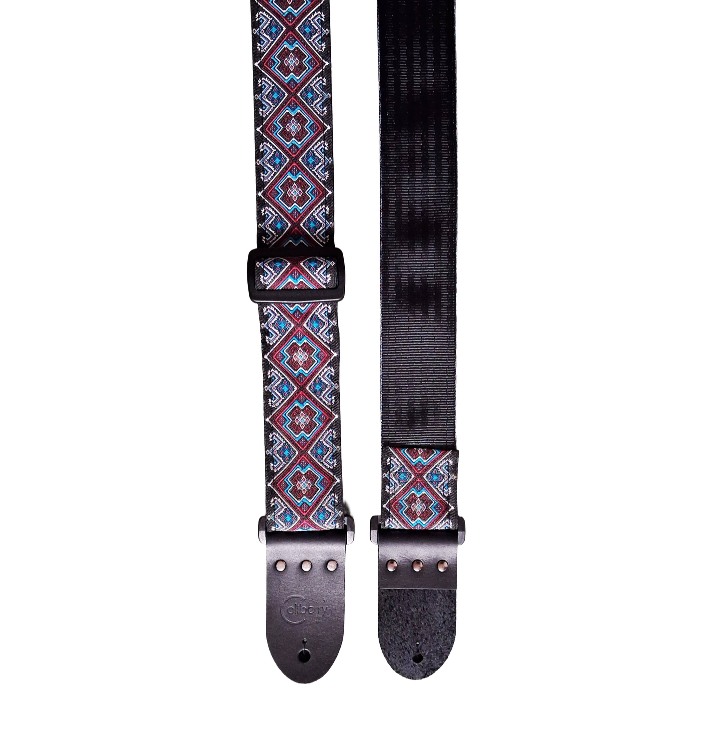 Handmade 'Cherokee' guitar strap. Jaquard Ribbon and Leather Ends. Adjustable.