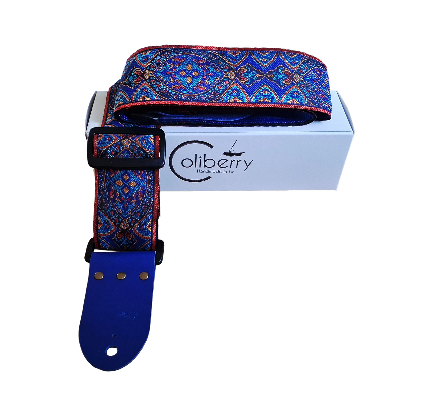 Handmade 'Blue Sunbeam' guitar strap with blue seatbelt backing and Montana Blue real leather ends.