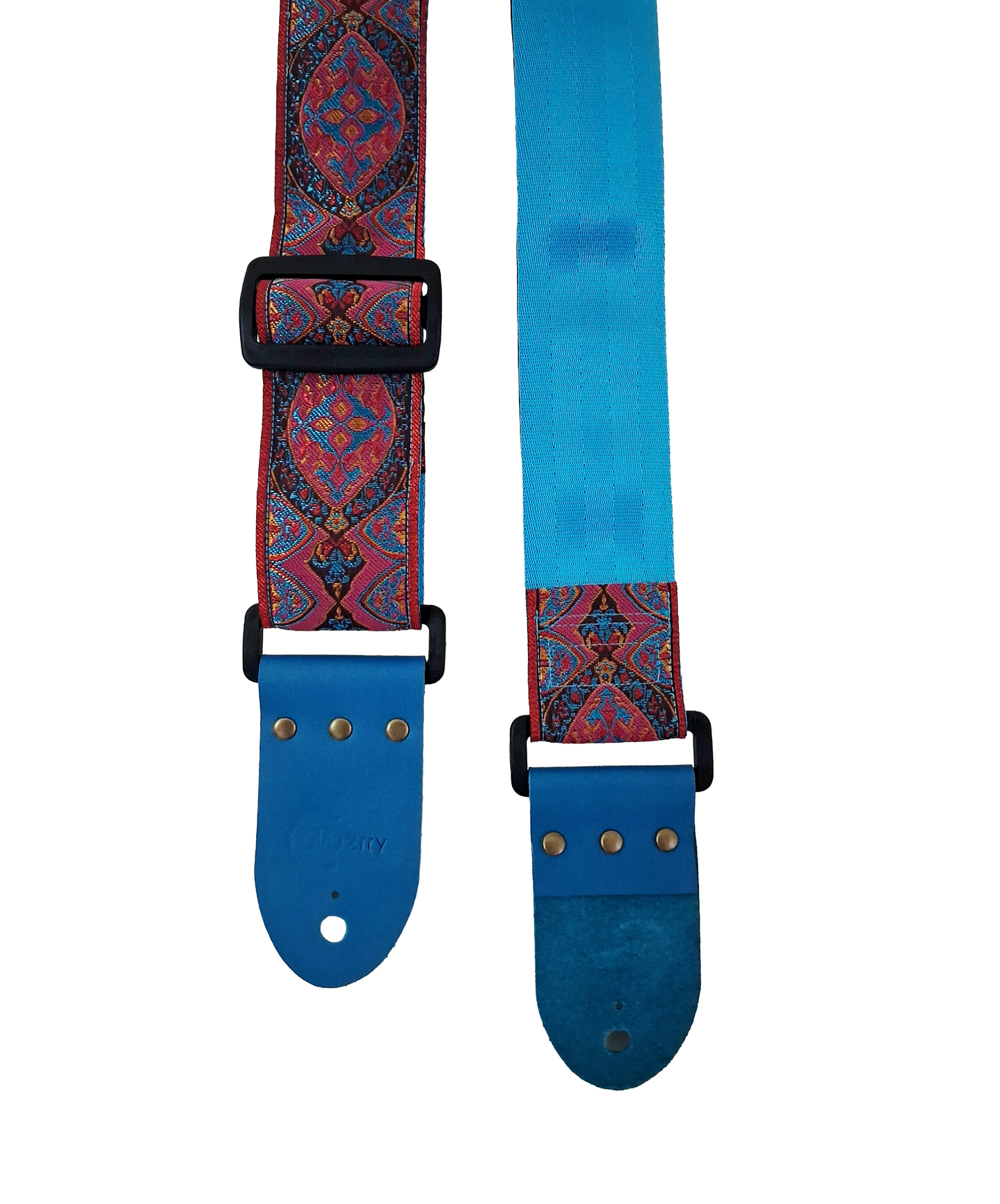 Handmade 'Pink Sunbeam' guitar strap with Kingfisher Blue real leather ends.