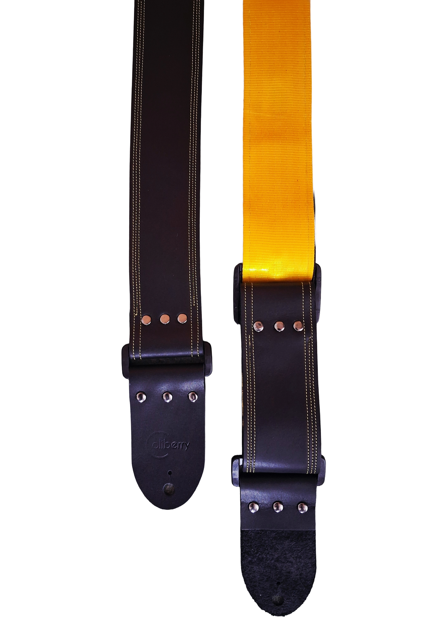 Handmade Black Full Leather Guitar Strap with seatbelt backing (different color options available) and matching threads to the front.