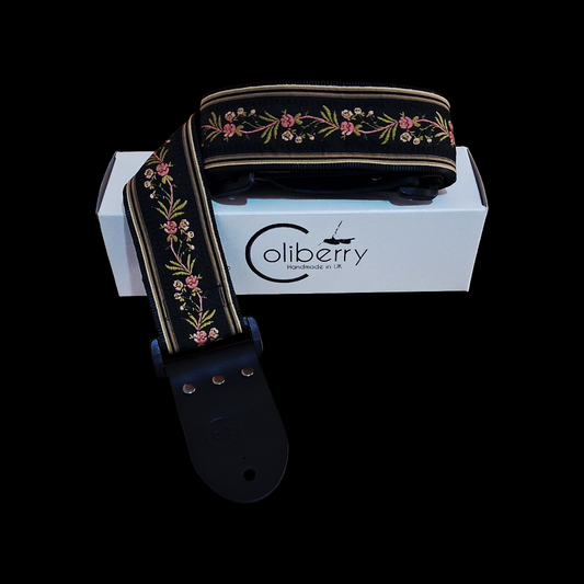 'Japanese Garden' in Black. Handmade guitar strap. Adjustable.