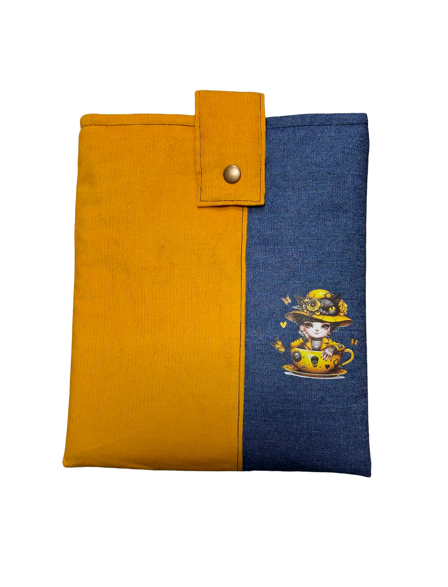 Handmade Padded Yellow Corduroy and Denim Book Sleeve/Tablet Cover.