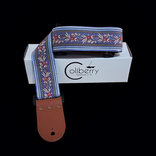 'Japanese Garden' in Grey. Handmade Guitar Strap with Real Leather ends. Adjustable.