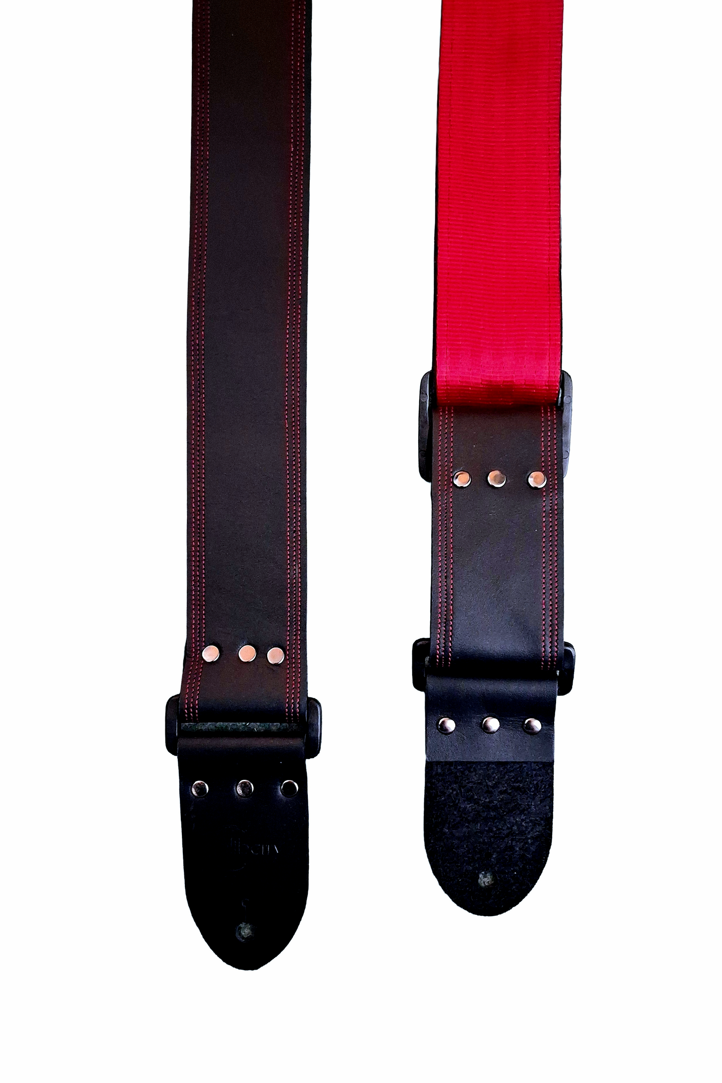 Handmade Black Full Leather Guitar Strap with seatbelt backing (different color options available) and matching threads to the front.