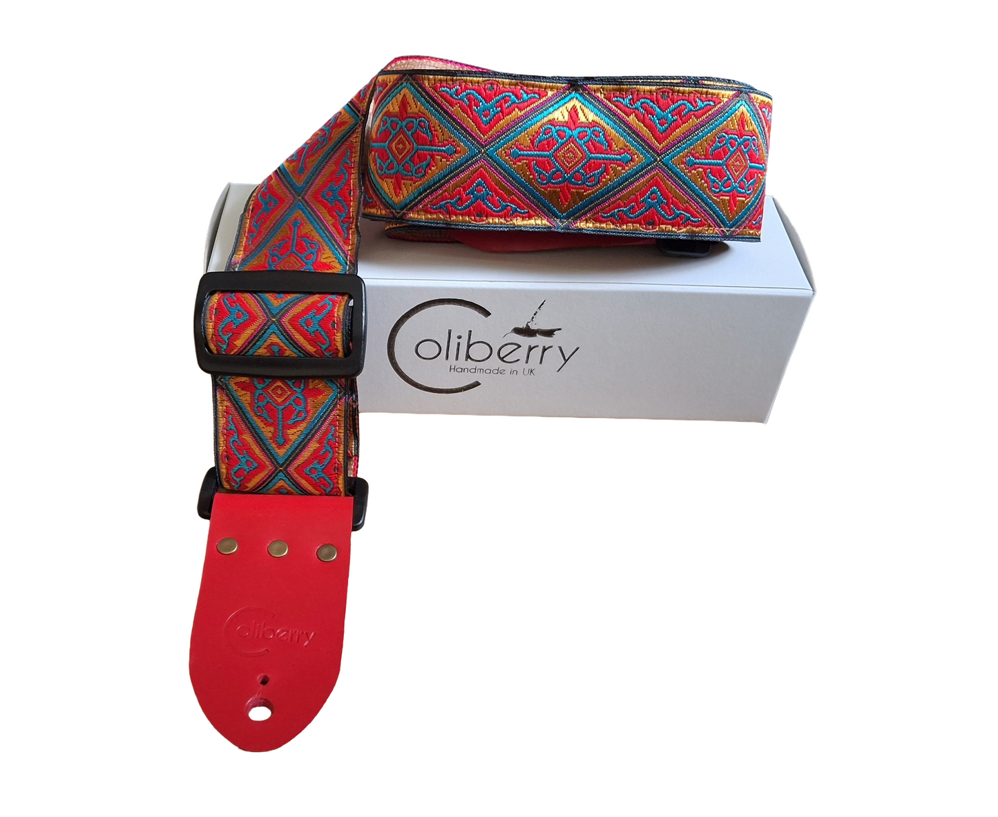 Handmade guitar strap - Tribal Red and Gold.