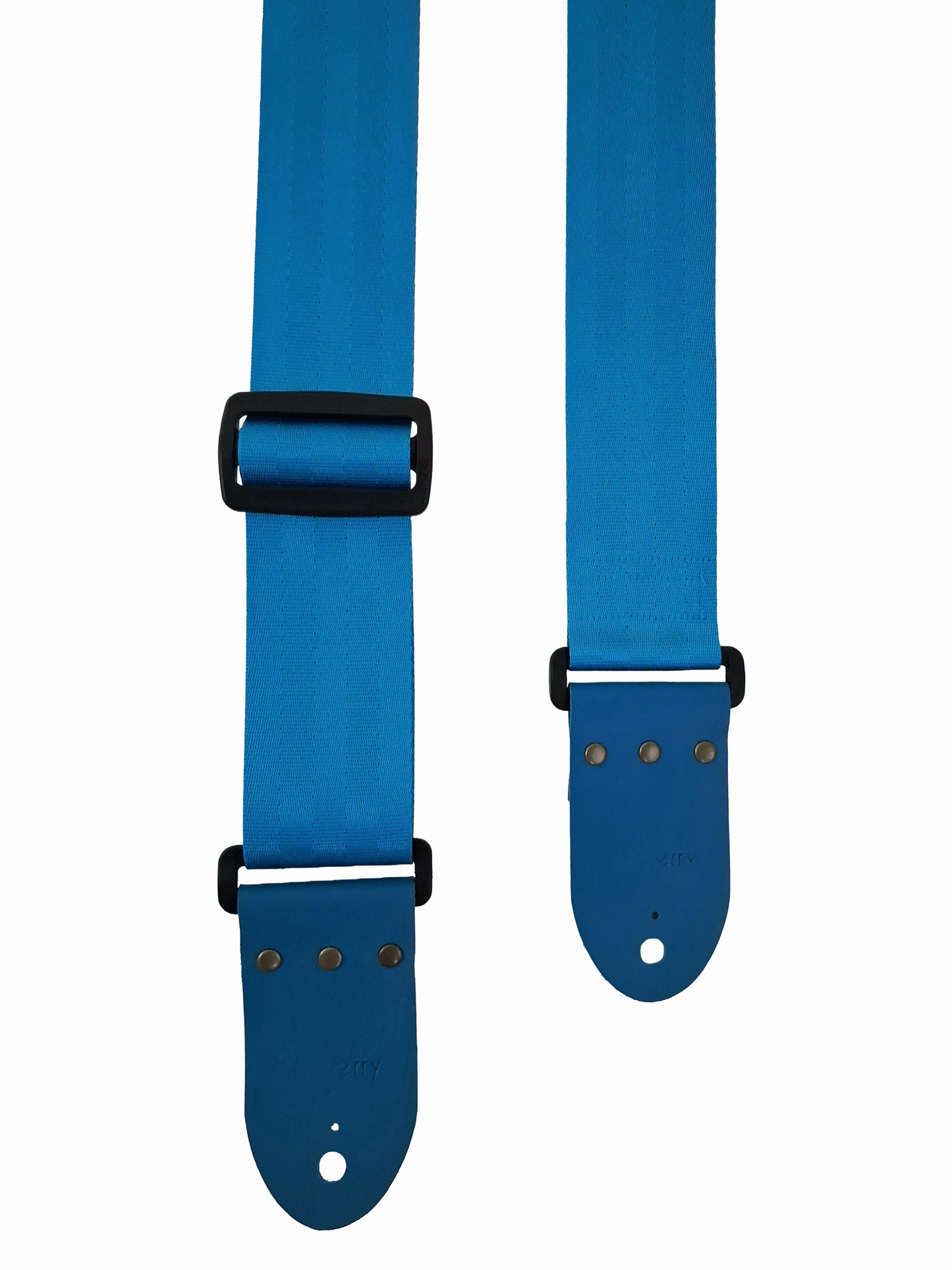 Handmade seatbelt only light blue guitar strap with kingfisher blue real leather ends.