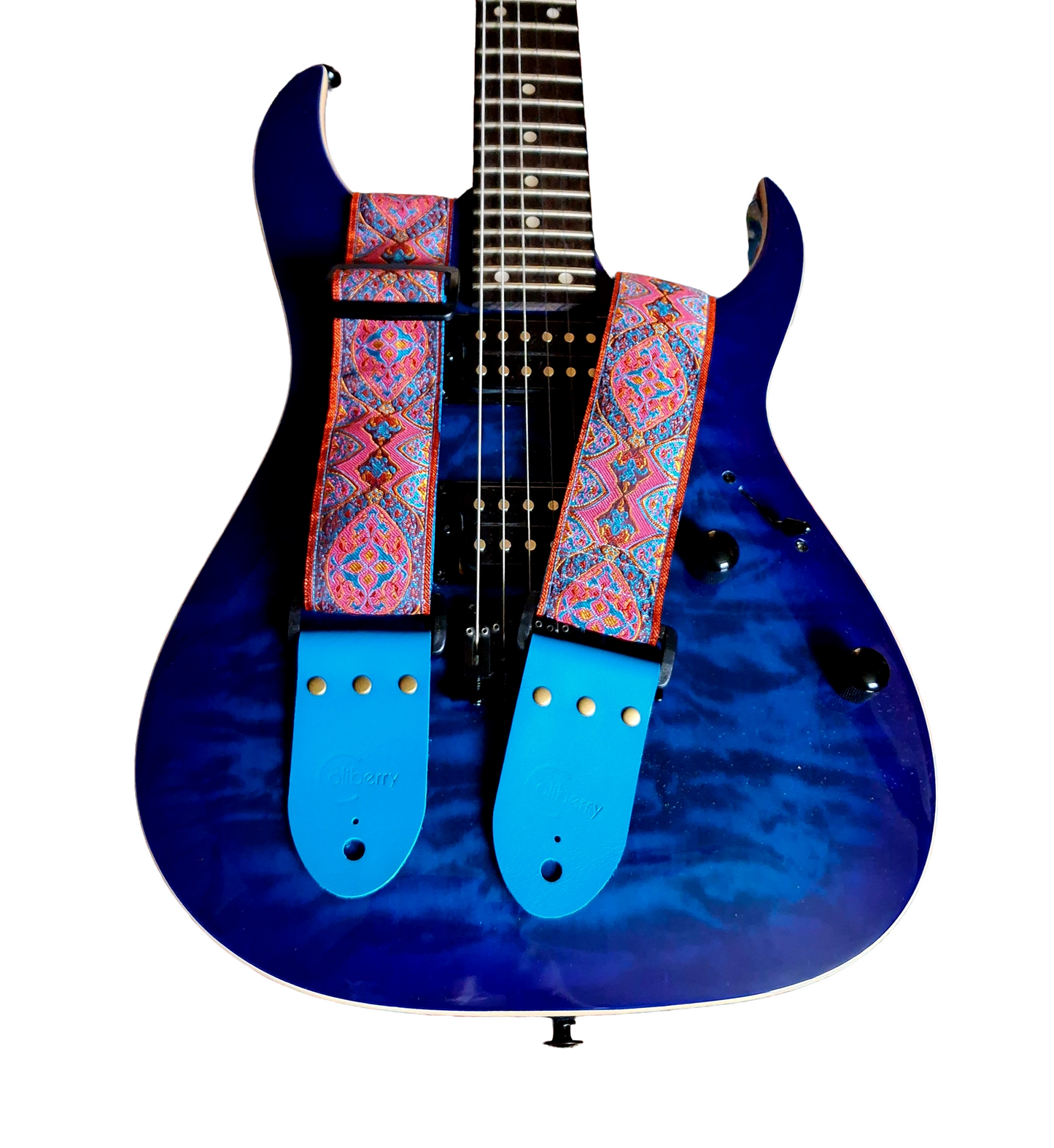Handmade 'Pink Sunbeam' guitar strap with Kingfisher Blue real leather ends.