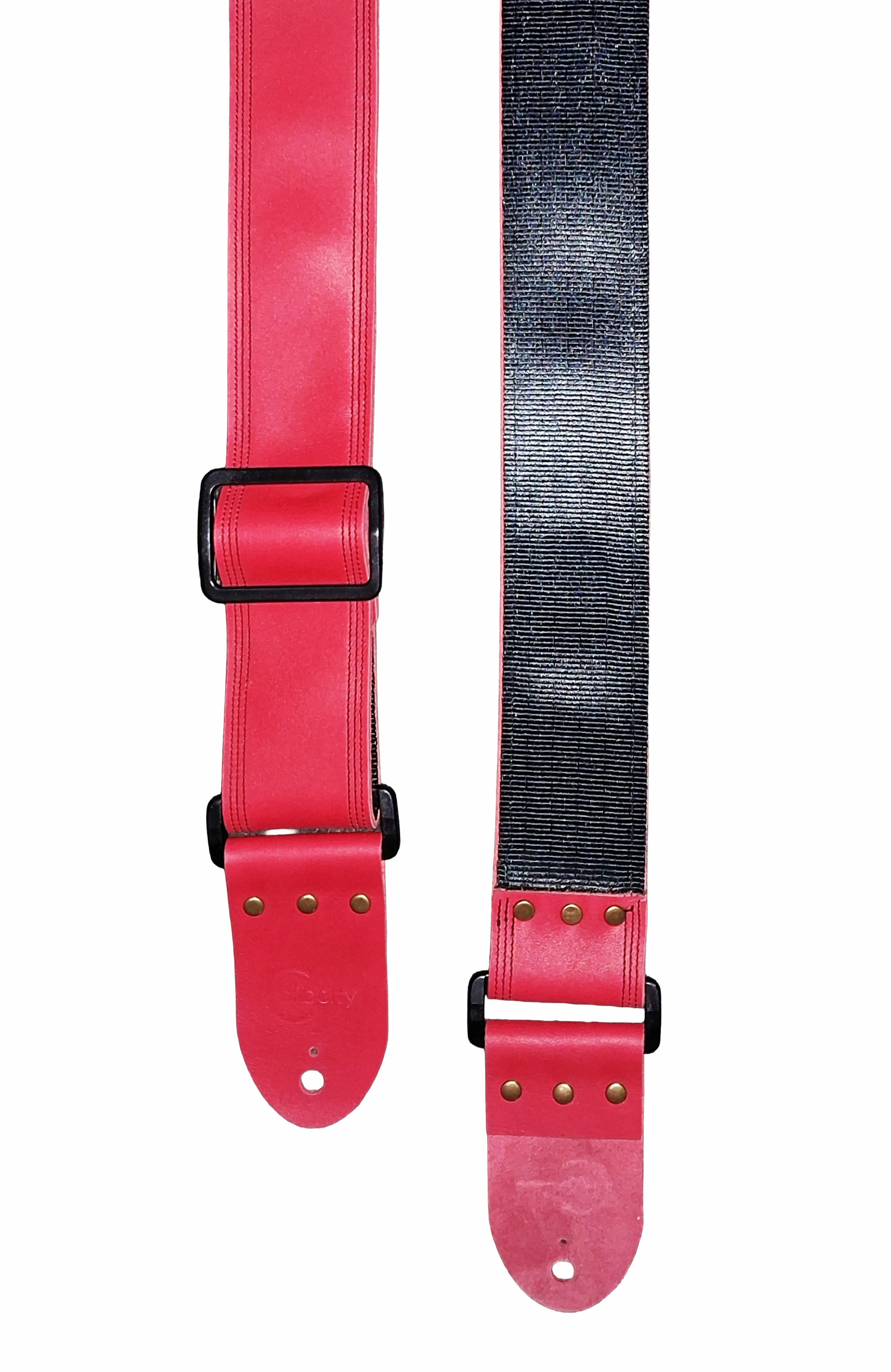 Red Full Leather Guitar Strap with black seatbelt backing.