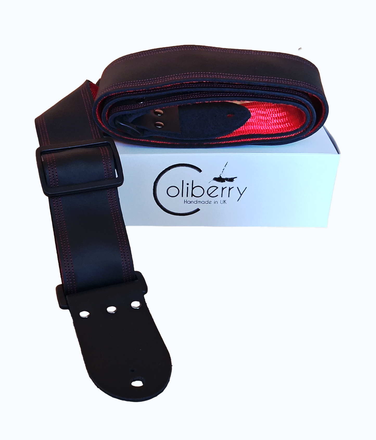 Handmade Black Full Leather Guitar Strap with seatbelt backing (different color options available) and matching threads to the front.
