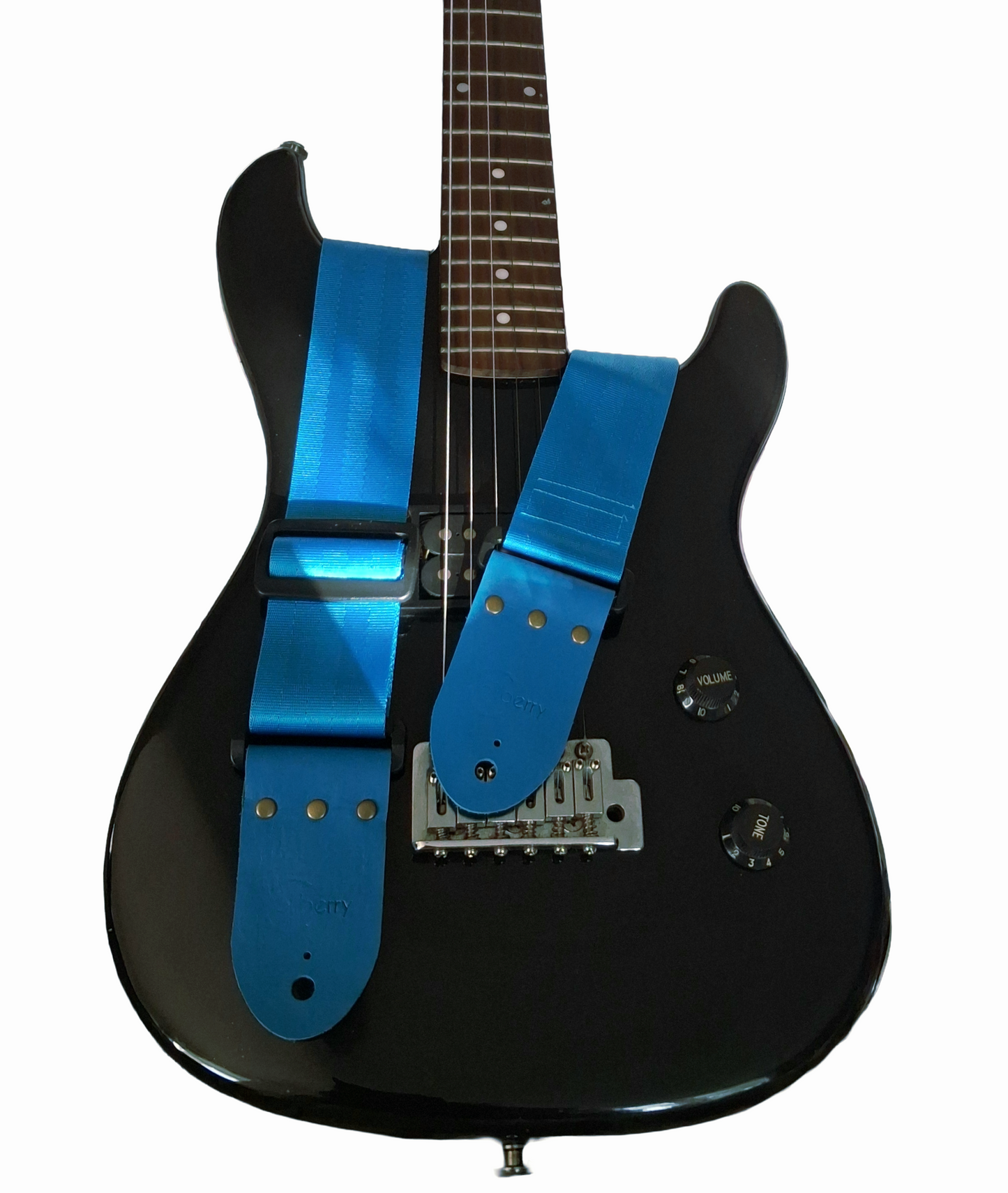 Handmade seatbelt only light blue guitar strap with kingfisher blue real leather ends.