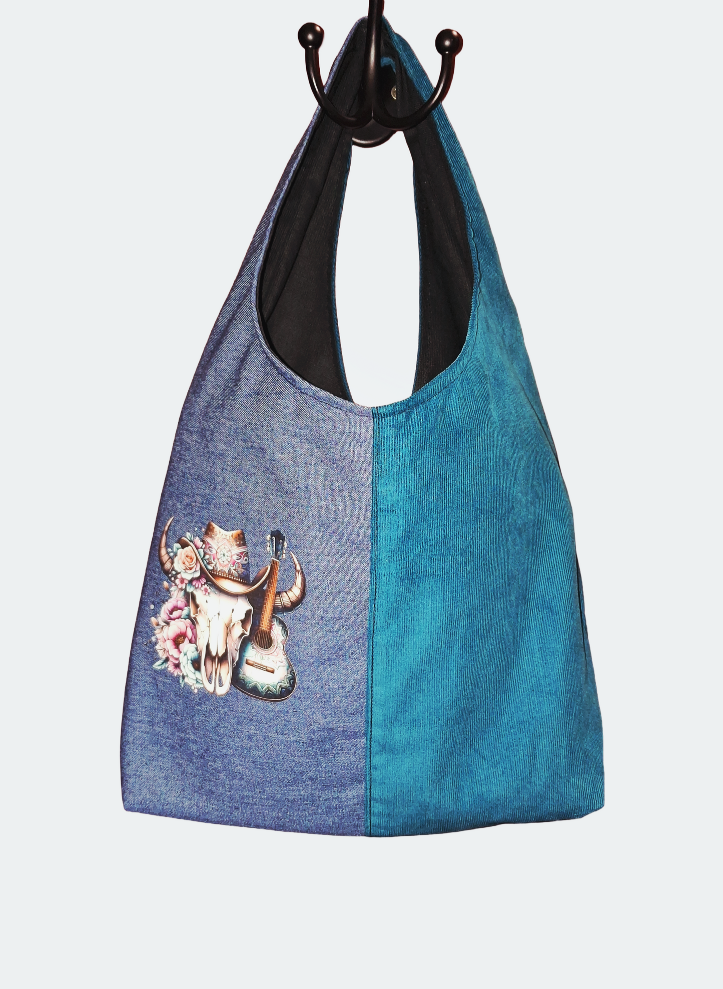 Handmade Small Two Tone Handbag. Corduroy and Denim with Boho print.