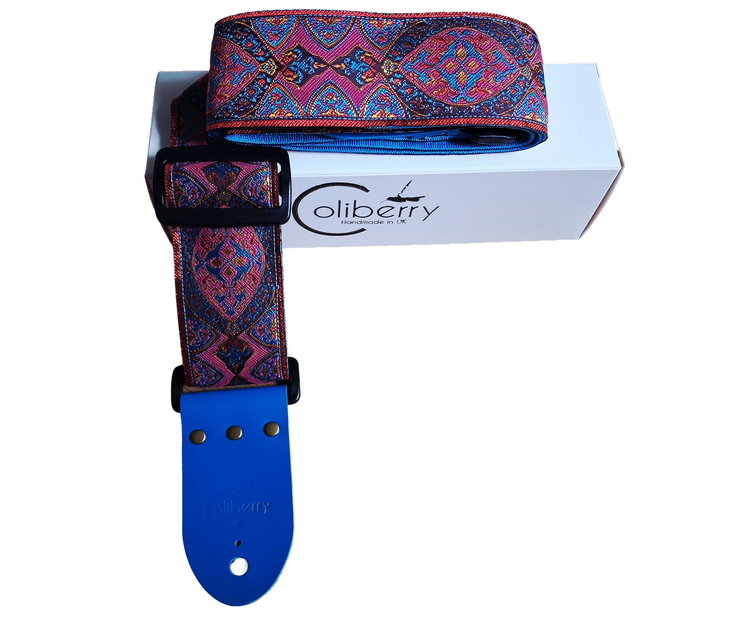 Handmade 'Pink Sunbeam' guitar strap with Kingfisher Blue real leather ends.