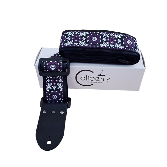 Handmade 'Purple Haze' Guitar Strap: Patterned Webbing, Seatbelt backing and Leather Ends. Adjustable.