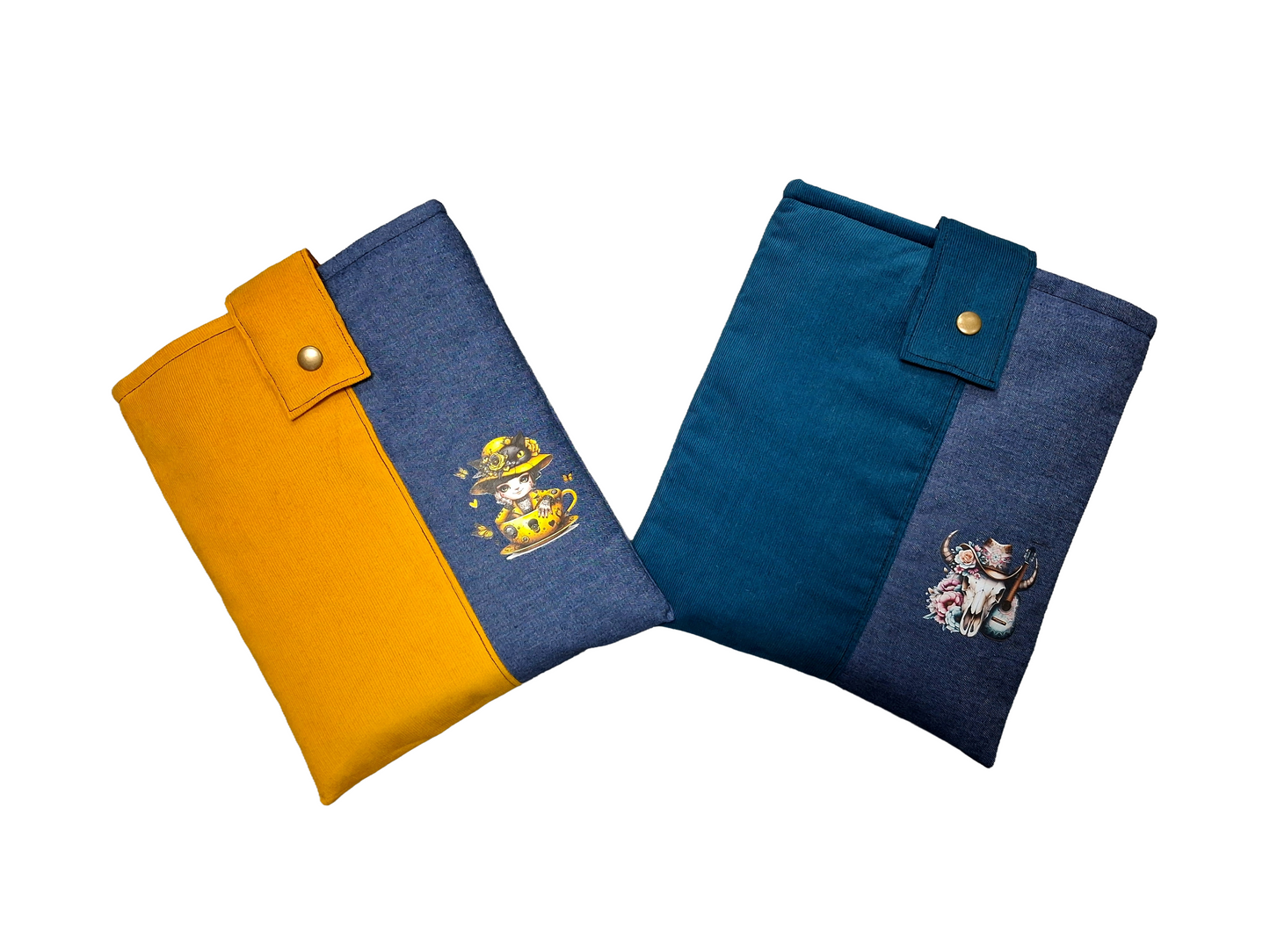 Handmade Padded Yellow Corduroy and Denim Book Sleeve/Tablet Cover.